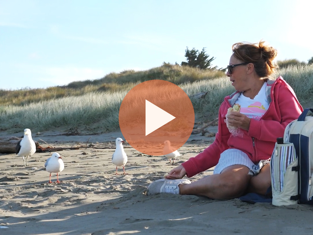 Woman feeding Seagulls on the beach