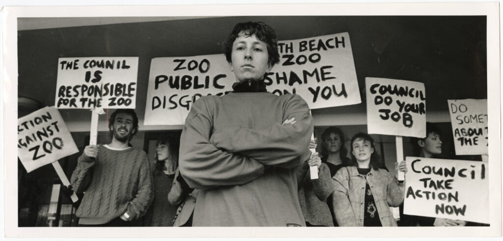 North Beach Zoo protesters. Christchurch Star Archive. In copyright. CCL-StarP-01541A.